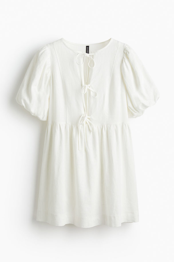 H&M Linen-blend Puff-sleeved Dress Cream