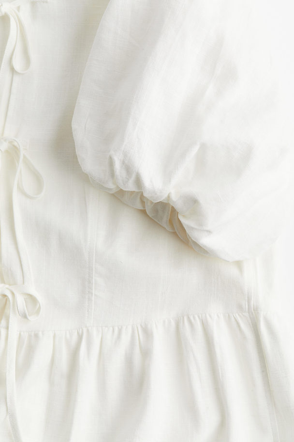 H&M Linen-blend Puff-sleeved Dress Cream