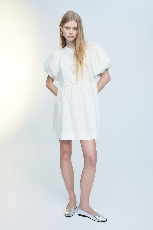 H&M Linen-blend Puff-sleeved Dress Cream