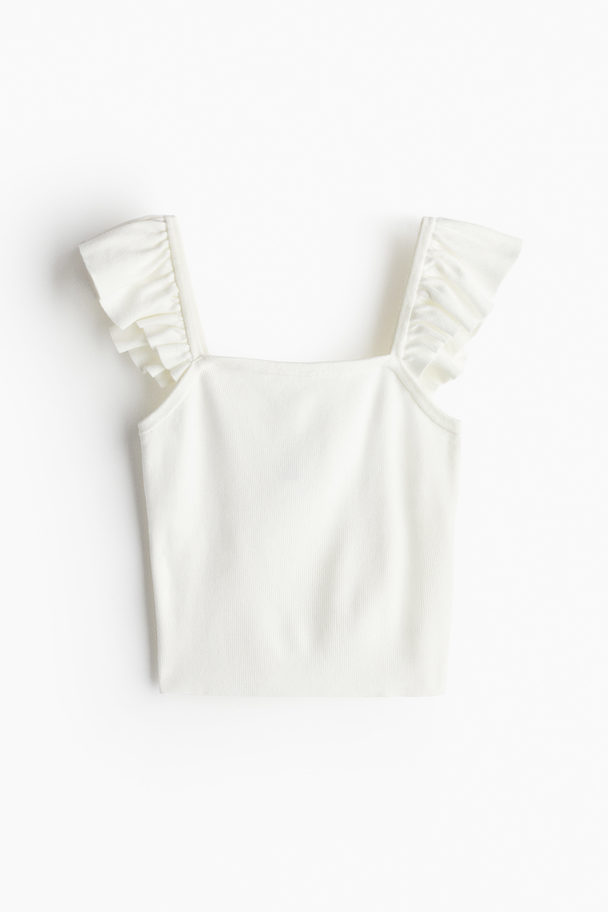 H&M Flutter-sleeved Rib-knit Top Cream