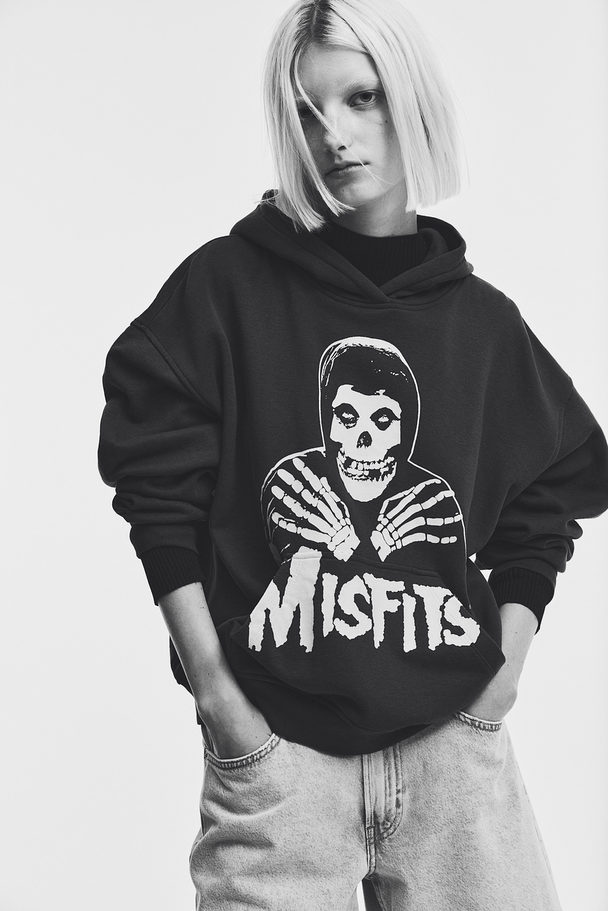 H&M Oversized Capuchonsweater Met Motief Donkergrijs/misfits