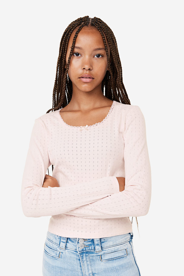 H&M Lace-trimmed Pointelle Jersey Top Light Pink