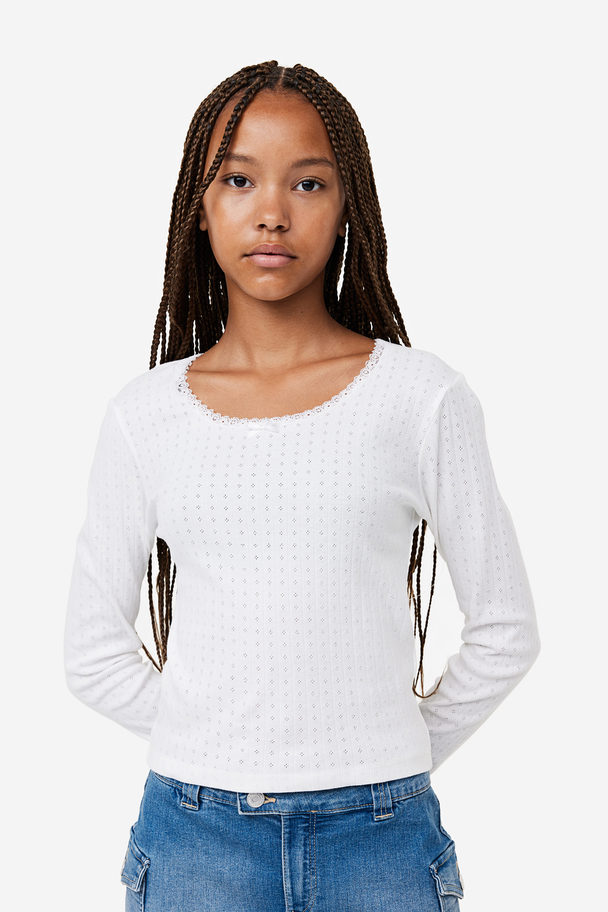 H&M Lace-trimmed Pointelle Jersey Top White