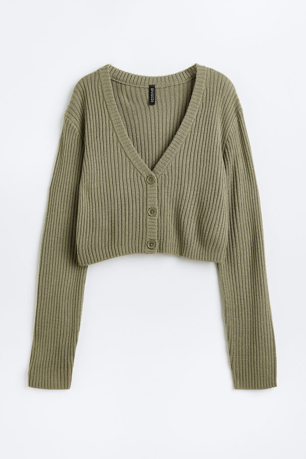 H&M Cropped Rib-knit Cardigan Khaki Green