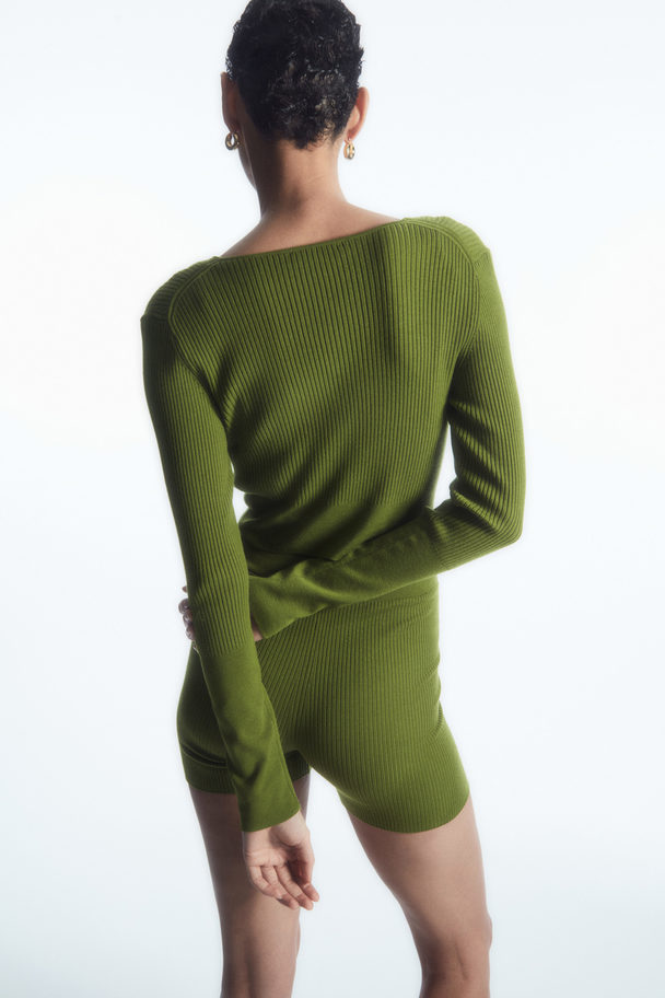 COS Ribbed-knit Merino Wool Cardigan Dark Green
