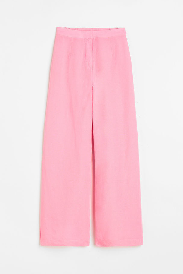H&M Wide Linen-blend Trousers Light Pink