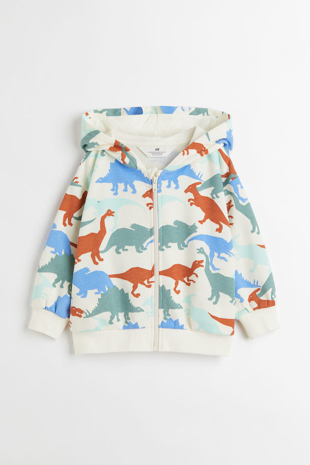 H&M Patterned Zip-through Hoodie Natural White/dinosaurs