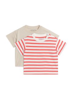 Cotton T-shirt Set Of 2 Light Beige/white/red