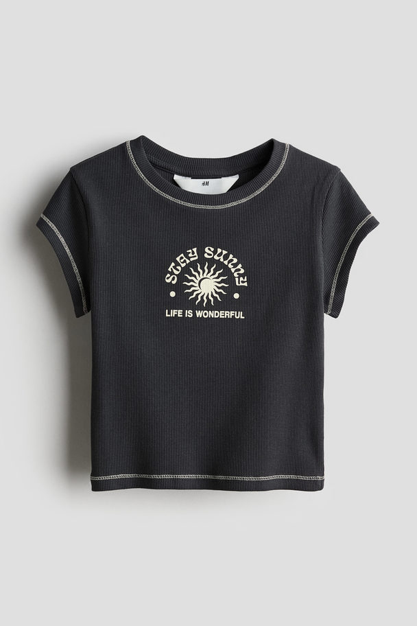 H&M Ribbet T-shirt Mørkegrå/stay Sunny