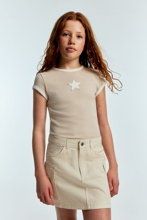 H&M Ribbad T-shirt Ljusbeige/stjärna