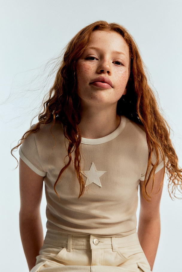 H&M Ribbet T-shirt Lys Beige/stjerne