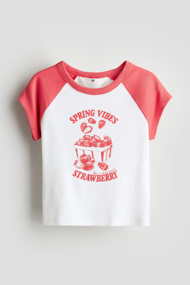H&M Ribbet T-shirt Hvid/jordbær