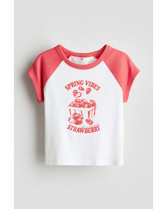 Ribbet T-shirt Hvid/jordbær