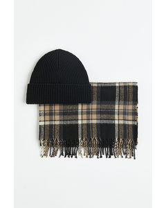 2-piece Hat And Scarf Set Black/checked