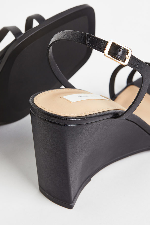H&M Wedge-heeled Leather Sandals Black