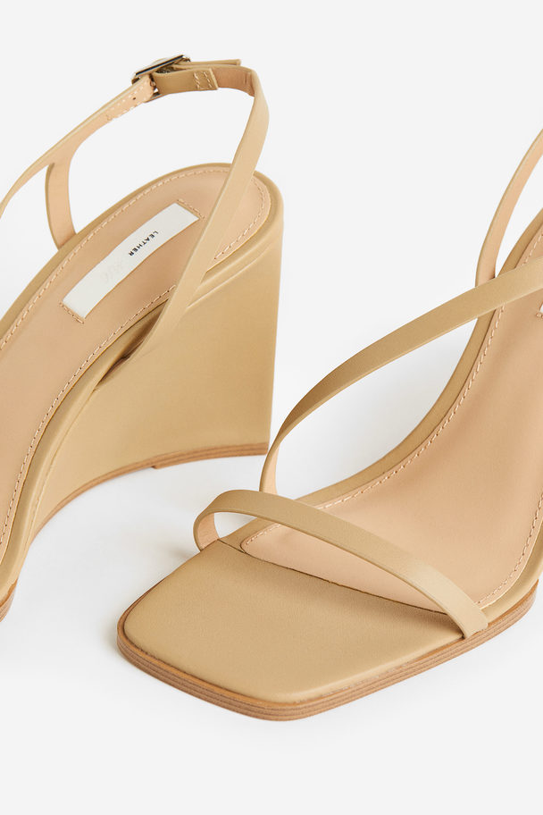 H&M Wedge-heeled Leather Sandals Dark Beige