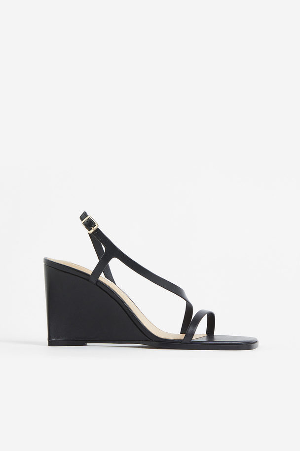 H&M Wedge-heeled Leather Sandals Black