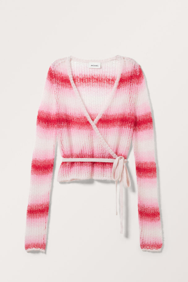 Monki Knitted Wrap Cardigan Pink With Red Faded Stripes