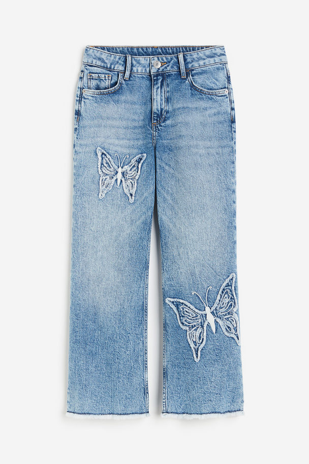 H&M Baggy Fit Bootcut Leg Jeans Light Denim Blue/butterflies