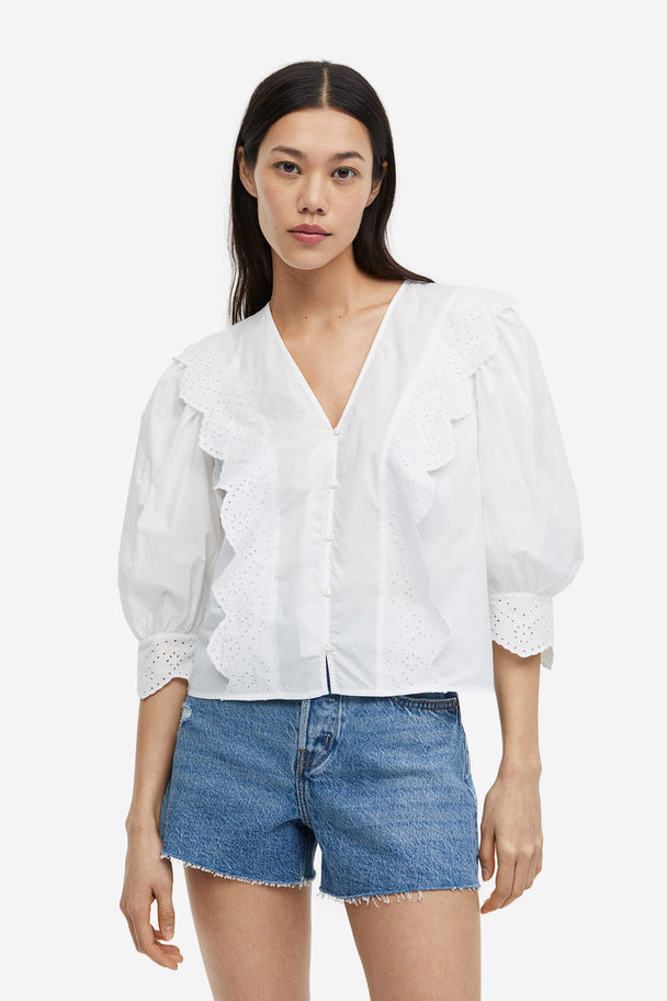 H&M Bluse Med Detalje I Broderie Anglaise Hvid
