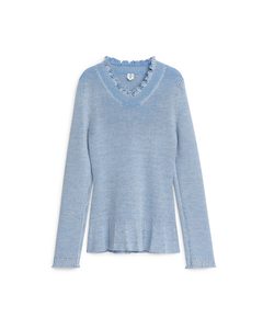 Sweater I En Uldblanding Med Muslingekant Blå Melange