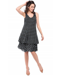 Mid-lenght V-neck Dress With Polka Dots Prints And Double-ruffles