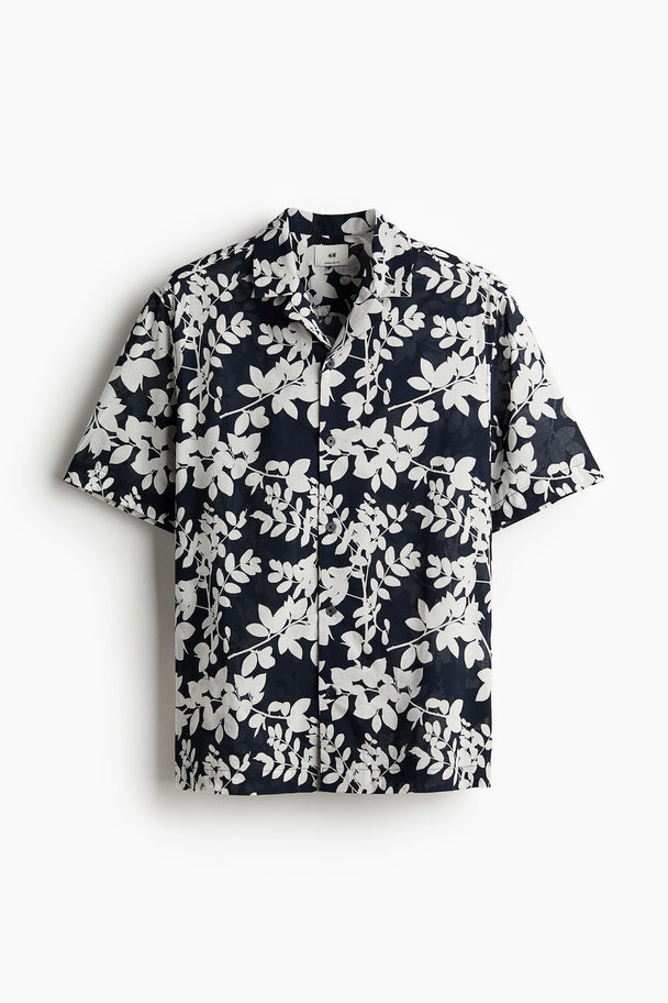 H&M Regular Fit Printed Resort Shirt Navy Blue/leaves