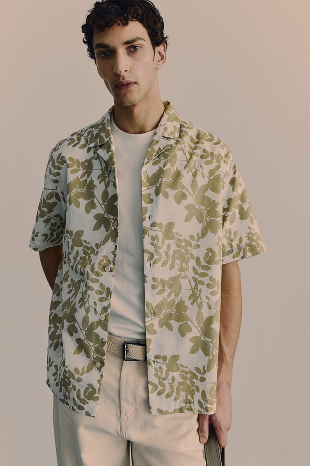 H&M Casual Overhemd Met Print - Regular Fit Wit/bladeren