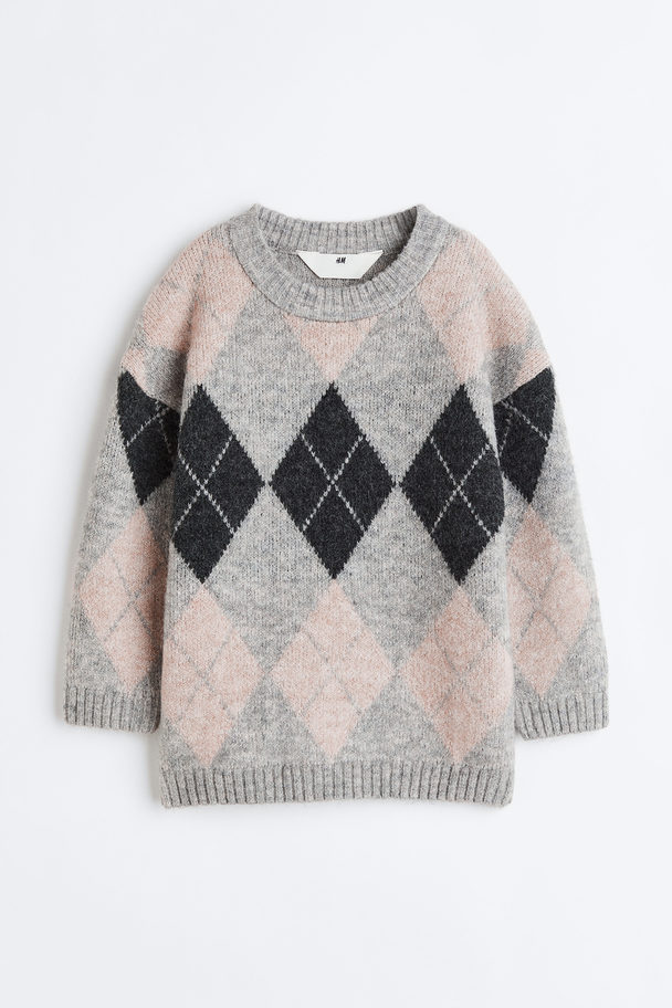 H&M Oversized Knitted Jumper Light Grey/argyle-patterned