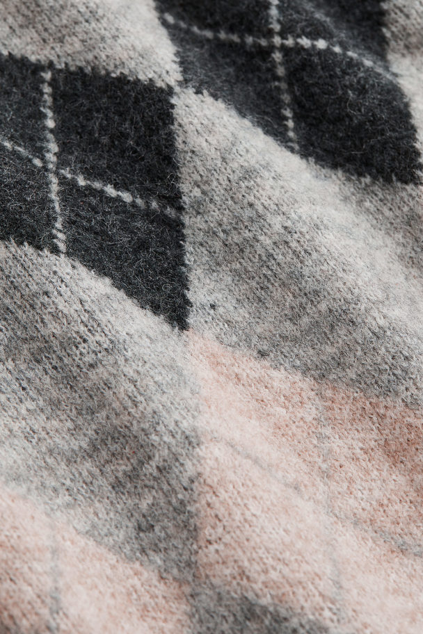 H&M Oversized Knitted Jumper Light Grey/argyle-patterned