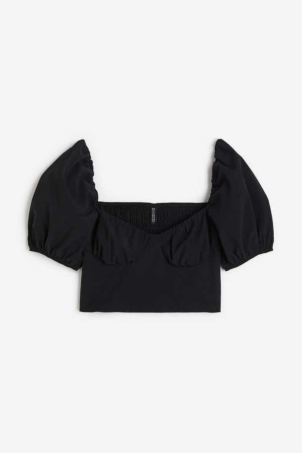 H&M Cropped Bluse Med Pufærmer Sort