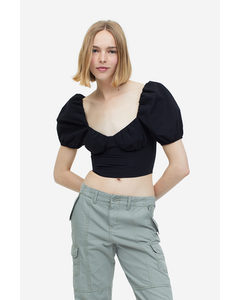 Puff-sleeved Cropped Blouse Black
