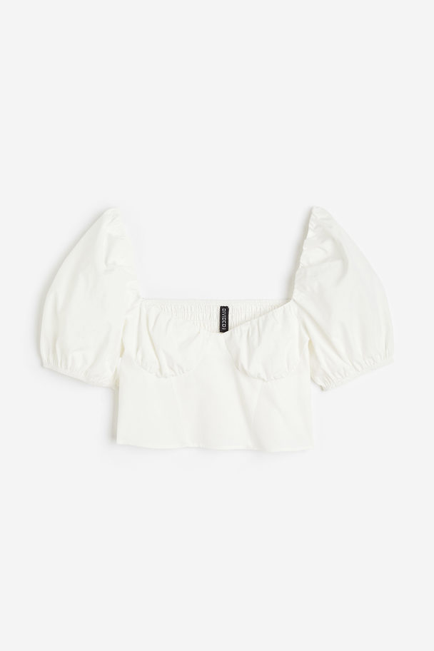 H&M Cropped Bluse Med Pufærmer Hvid