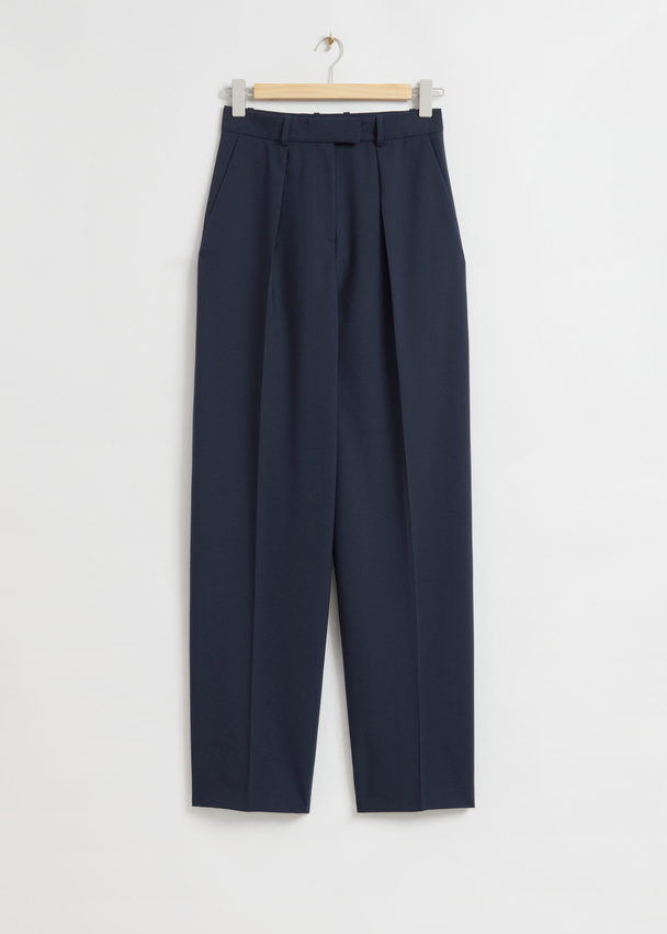 & Other Stories Relaxed Press Crease Tailored Trousers Dark Blue Wool Blend