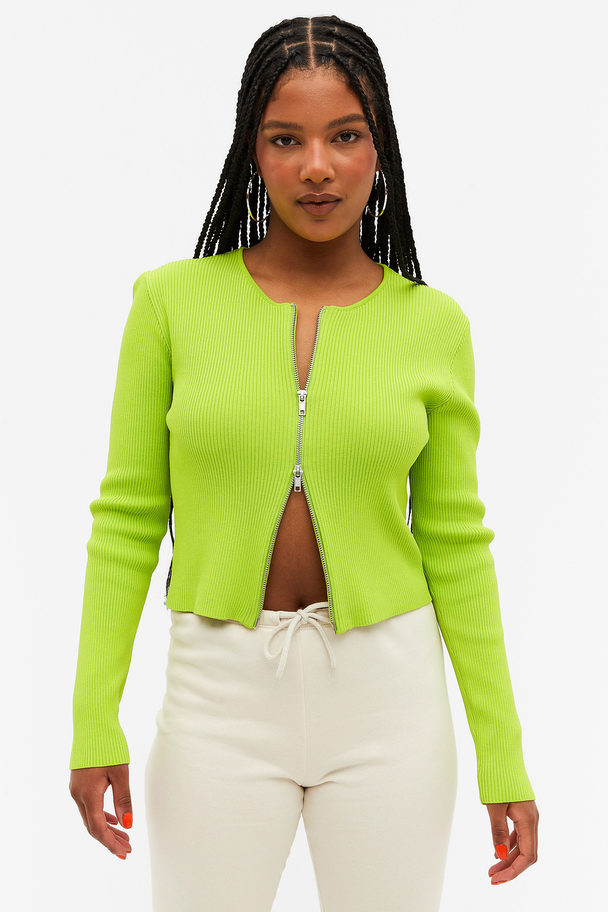 Monki Long Sleeve Ribbed Zip Top Neon Green