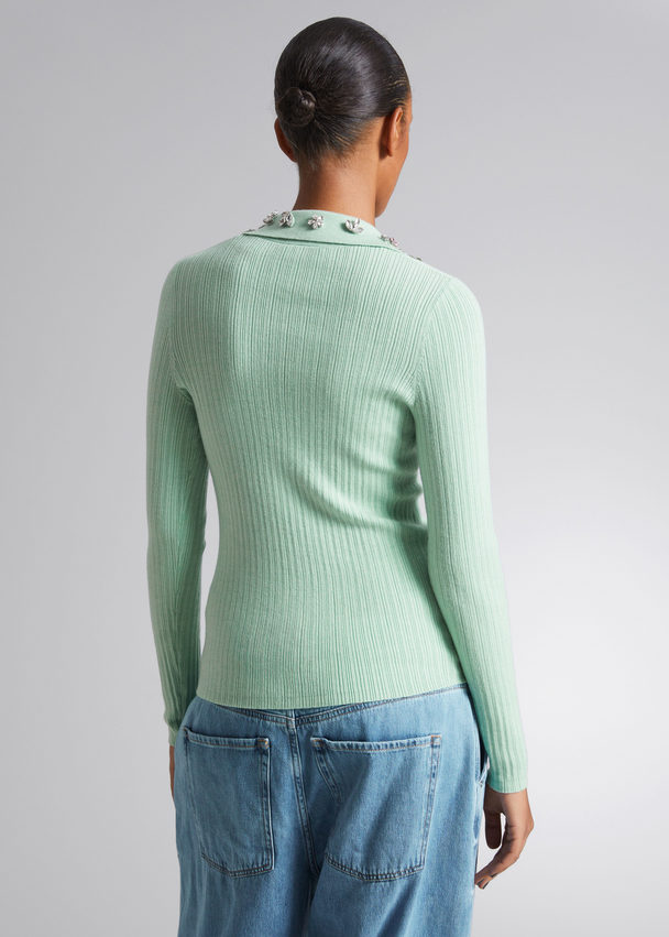 & Other Stories Fitted Embellished Polo Top Pastel Green