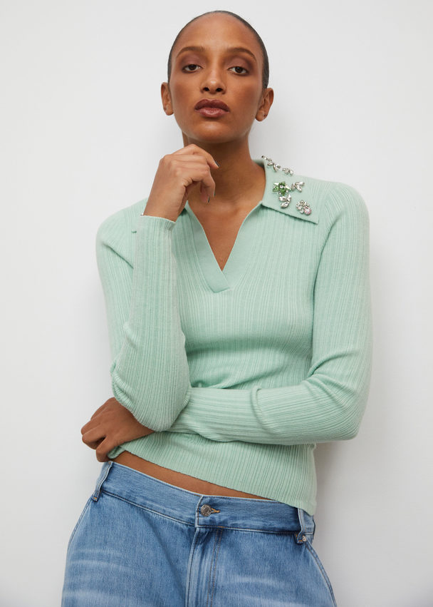 & Other Stories Fitted Embellished Polo Top Pastel Green