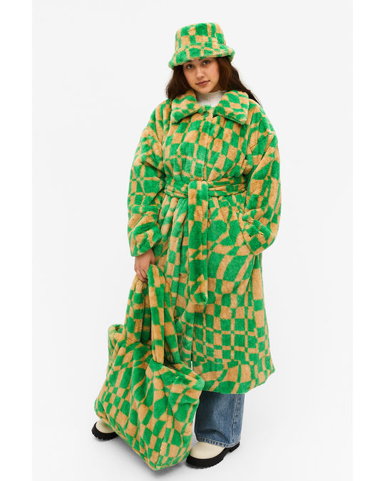 Monki Patterned Faux Fur Coat Green Wavy Checkered