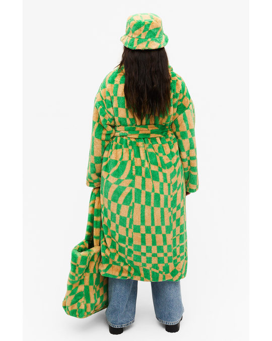 Monki Patterned Faux Fur Coat Green Wavy Checkered