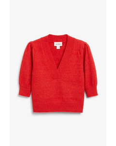Red Soft Knitted V-neck Sweater Bright Red
