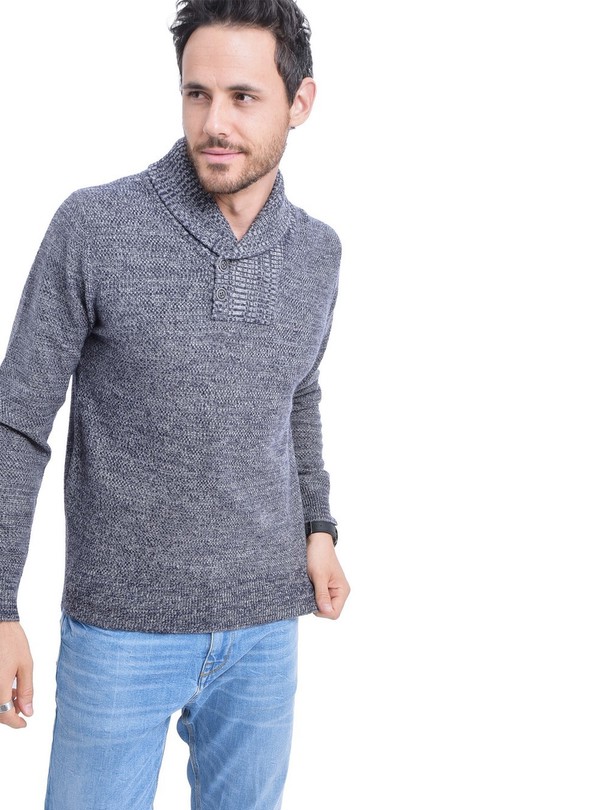C&Jo Jacquard Shawl Collar Sweater With Button