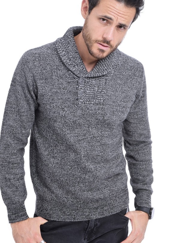 C&Jo Jacquard Shawl Collar Sweater With Button