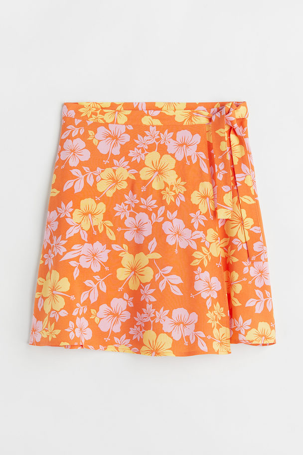 H&M Patterned Wrapover Skirt Orange/tropical Flowers