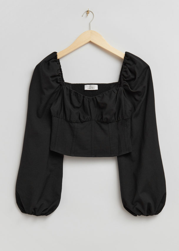 & Other Stories Fitted Smocked Back Corset Blouse Black