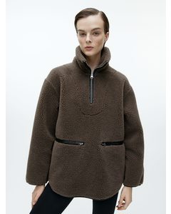 Leather Trimmed Pile Anorak Mole