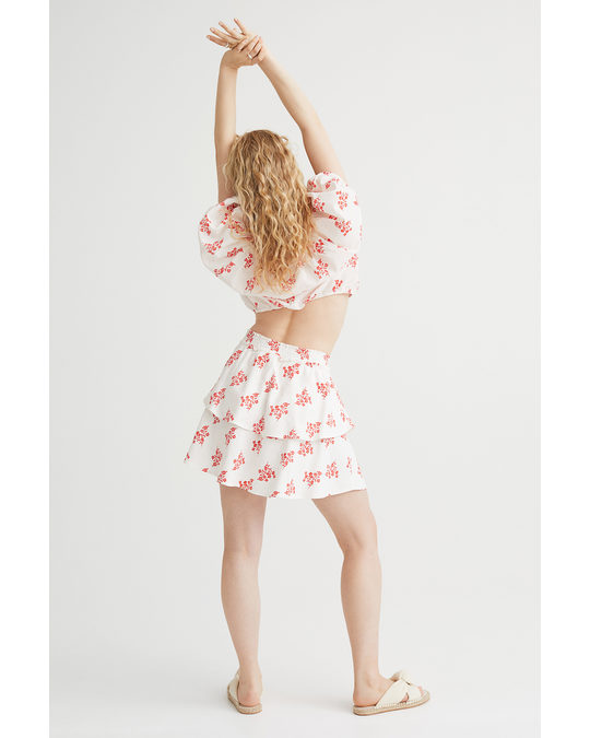 H&M Linen-blend Tiered Skirt White/red Floral