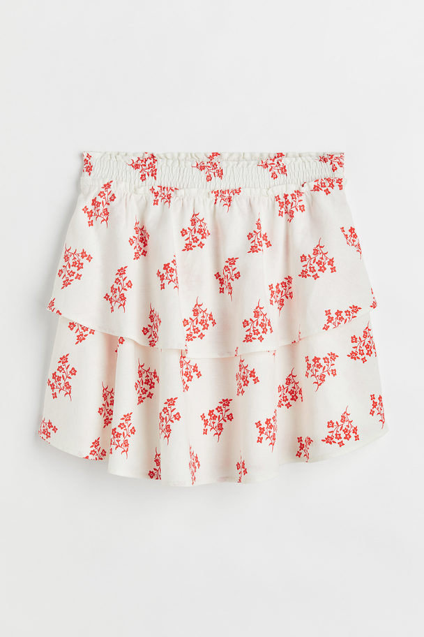 H&M Linen-blend Tiered Skirt White/red Floral
