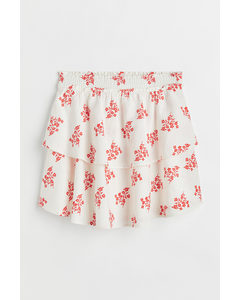Linen-blend Tiered Skirt White/red Floral