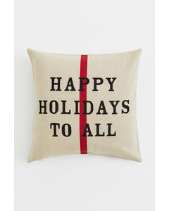 Linen-blend Cushion Cover Light Beige/happy Holidays
