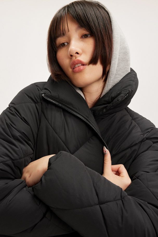 Monki Black Oversized Quilted High Collar Puffer Coat Black
